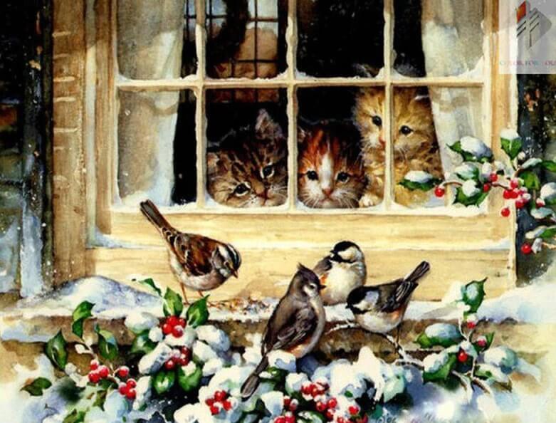Cats Starring Sparrows from Window - diamond-painting-bliss.myshopify.com