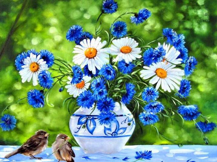Cornflower Daisies & Sparrows - diamond-painting-bliss.myshopify.com