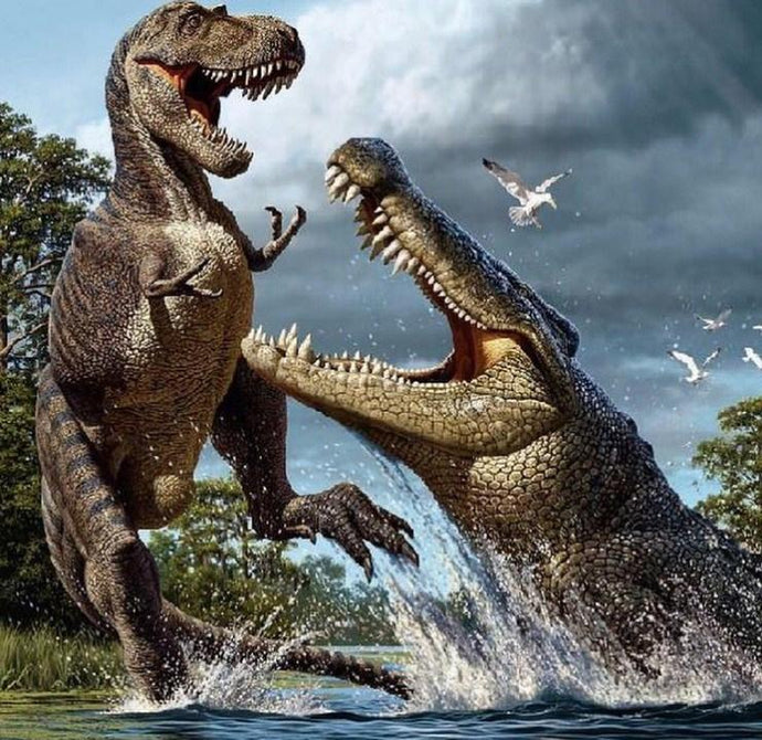 Crocodile & Dinosaur Fight - Paint by Diamonds - diamond-painting-bliss.myshopify.com