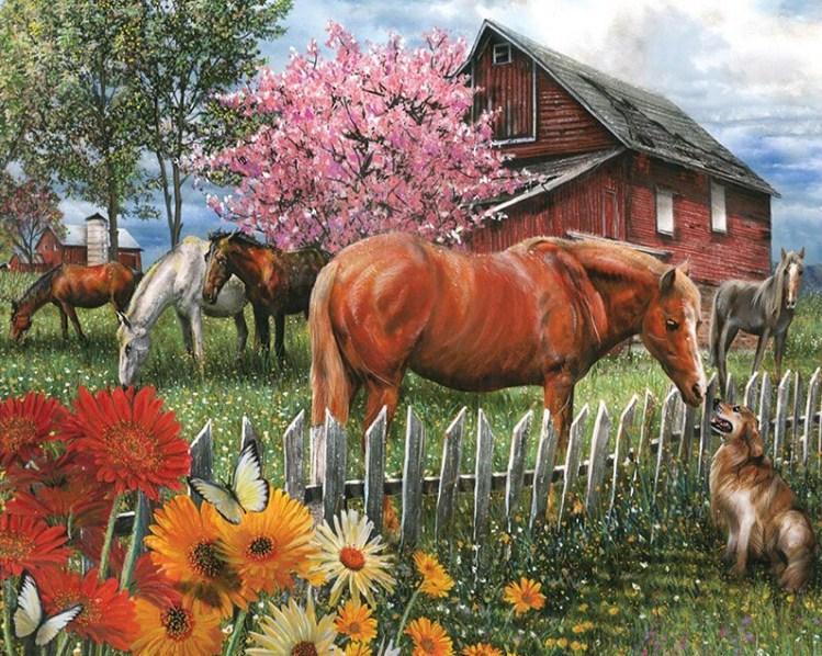 Dog & Horses on the Farm House - diamond-painting-bliss.myshopify.com