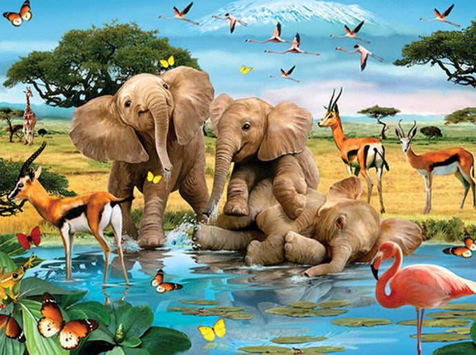 Elephant Babies Playing at Water Pond - diamond-painting-bliss.myshopify.com
