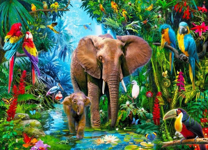 Elephants & Parrots - Paint by Diamonds - diamond-painting-bliss.myshopify.com
