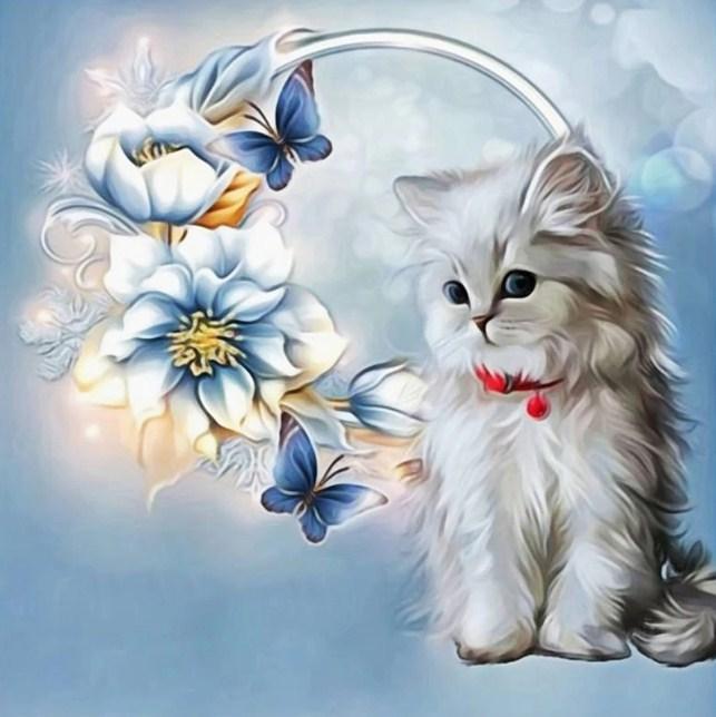 Flowers & Adorable Cat Diamond Painting - diamond-painting-bliss.myshopify.com