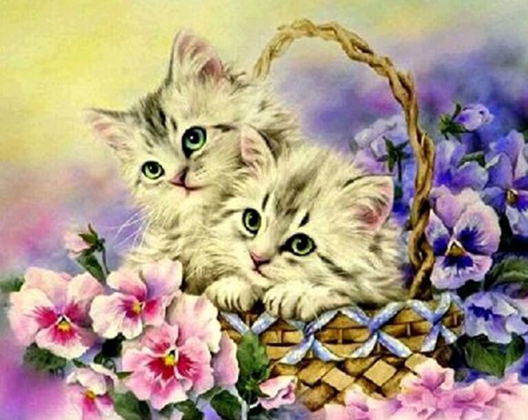 Flowers & Kittens in Basket - diamond-painting-bliss.myshopify.com