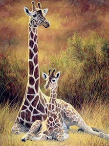 Giraffe & Baby Sitting in the Forest - diamond-painting-bliss.myshopify.com