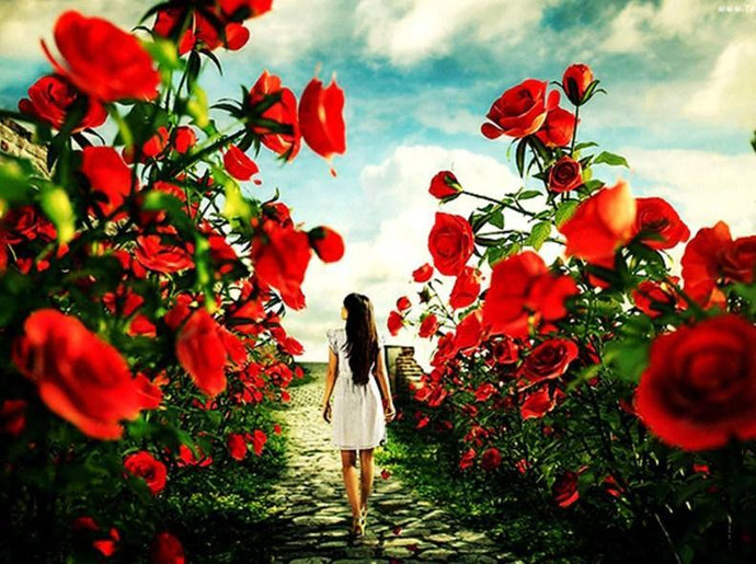Girl Walking in Rose Garden - diamond-painting-bliss.myshopify.com