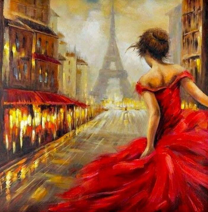 Girl in Red Dress & Eiffel Tower - diamond-painting-bliss.myshopify.com