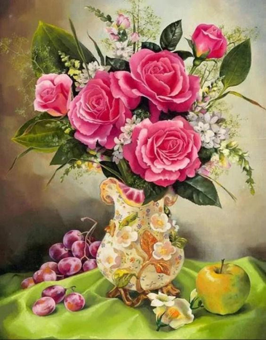 Grapes, Apple & Pink Rose Vase - diamond-painting-bliss.myshopify.com