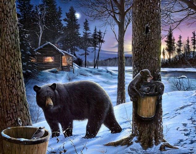 Grizzly Bear & Babies in Snow - diamond-painting-bliss.myshopify.com