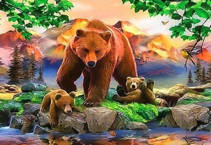 Grizzly Bear with Two Cubs - diamond-painting-bliss.myshopify.com