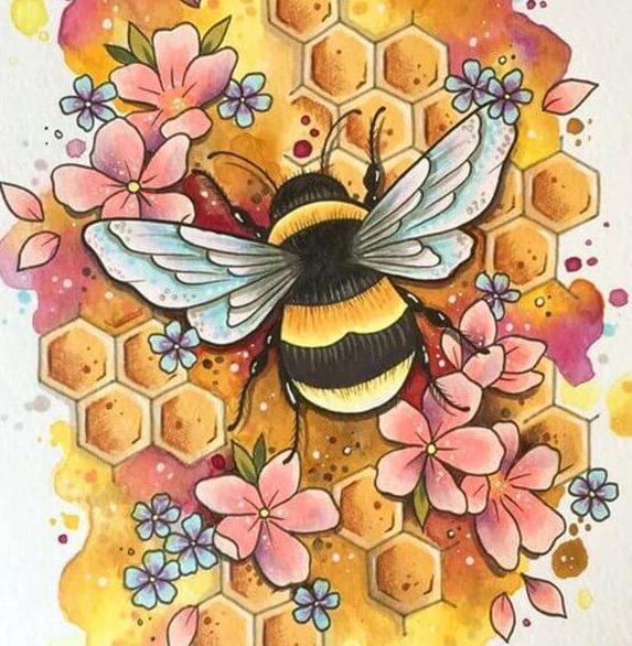 Honey Bee & Flowers - diamond-painting-bliss.myshopify.com