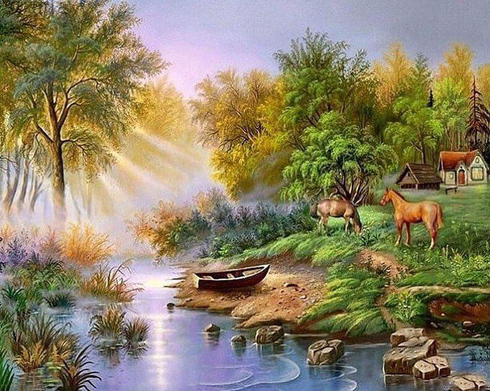 Horses Grazing by the Lake - diamond-painting-bliss.myshopify.com