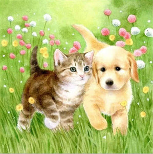 Kitten & Puppy in Garden - diamond-painting-bliss.myshopify.com