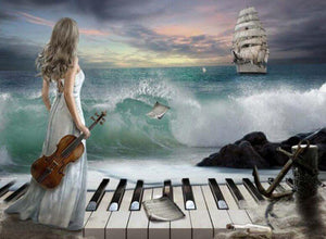 Lady with Piano & Violin at the Beach - diamond-painting-bliss.myshopify.com