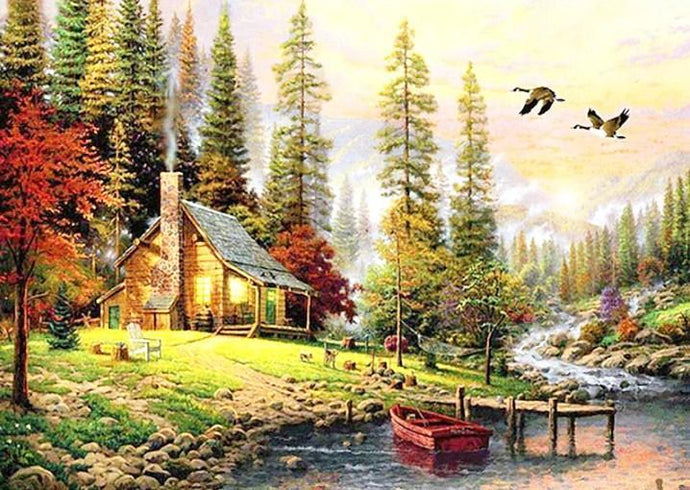 Lodge Cabin by the River Diamond Painting - diamond-painting-bliss.myshopify.com
