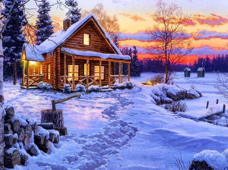 Log Cabin in Snow - Paint by Diamonds - diamond-painting-bliss.myshopify.com
