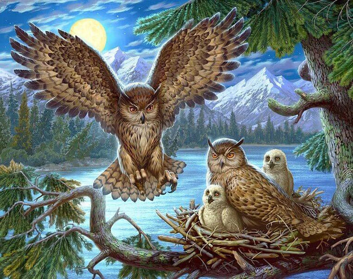 Owl Family Sitting in the Nest - diamond-painting-bliss.myshopify.com