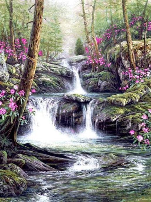 Pink Flowers & Beautiful Waterfall - diamond-painting-bliss.myshopify.com