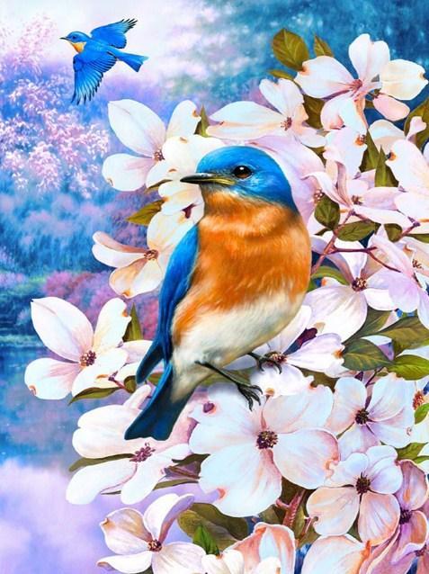 Pink Flowers & Blue Birds Pair - diamond-painting-bliss.myshopify.com