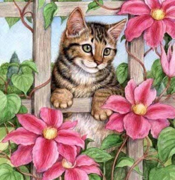 Pink Flowers & Spying Cat - diamond-painting-bliss.myshopify.com