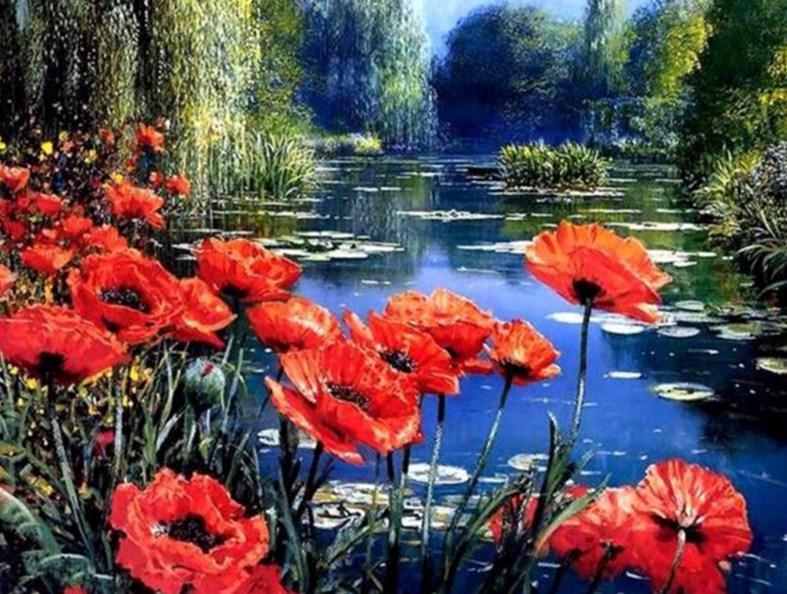 Poppy Flowers by the Lake - diamond-painting-bliss.myshopify.com