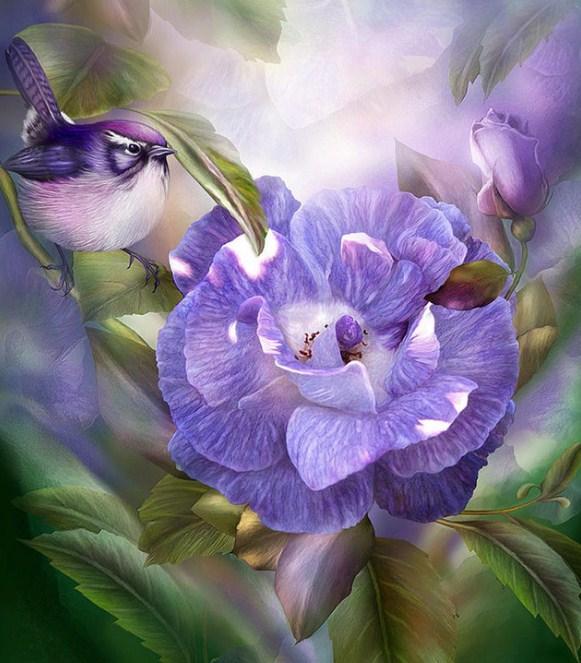Purple Rose & Bird Diamond Painting - diamond-painting-bliss.myshopify.com