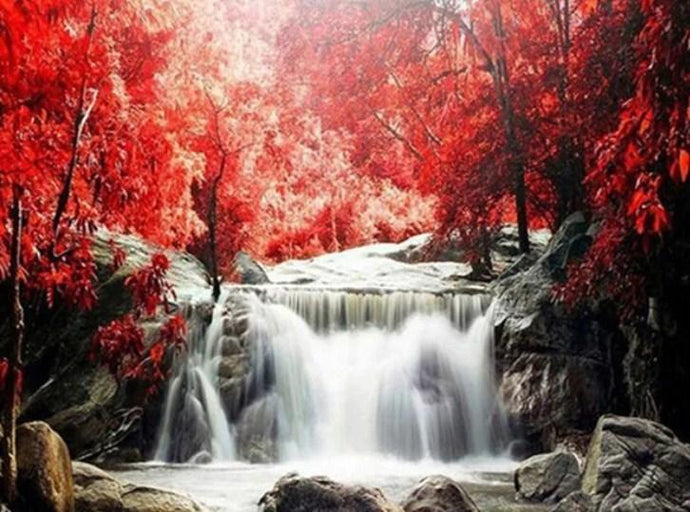 Red Trees & Waterfall Diamond Painting - diamond-painting-bliss.myshopify.com