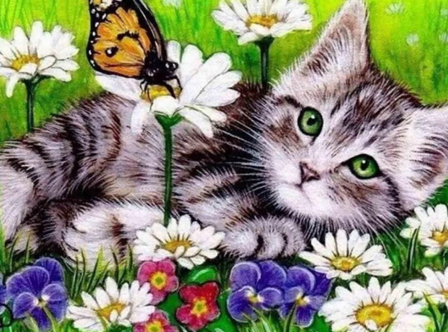 Resting Cat & Butterfly Diamond Painting - diamond-painting-bliss.myshopify.com