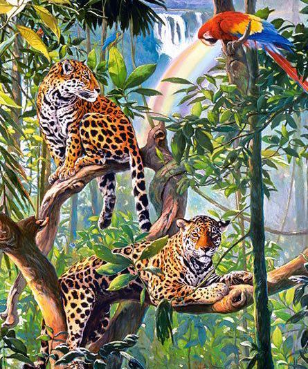Parrot & Leopards on Trees - DIY Diamond Painting - diamond-painting-bliss.myshopify.com