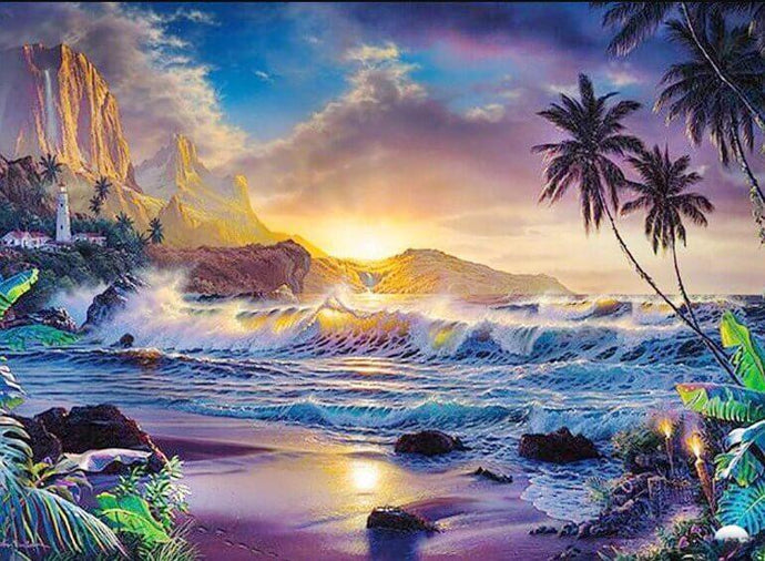 Sea Side Palm Trees & Mountains - diamond-painting-bliss.myshopify.com