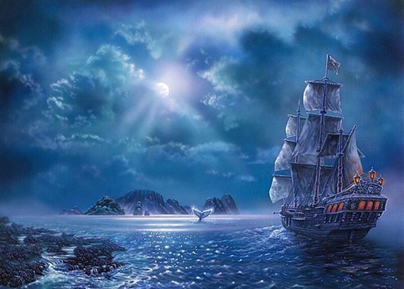 Ship in Ocean at Night - diamond-painting-bliss.myshopify.com