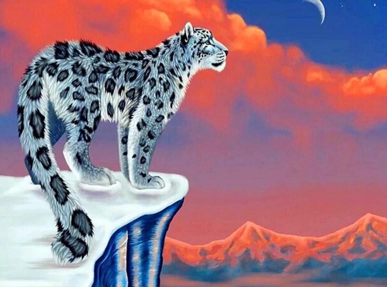 Snow Leopard & Red Sky - diamond-painting-bliss.myshopify.com