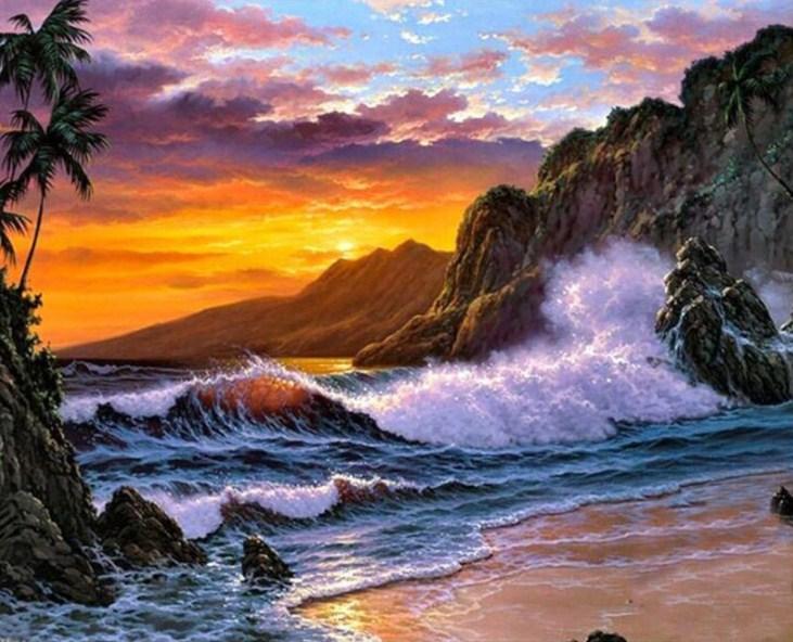 Striking Waves & Sunset Sky - diamond-painting-bliss.myshopify.com