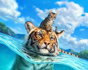 Swimming Tiger & Cat - diamond-painting-bliss.myshopify.com