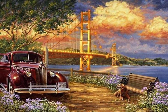 Vintage Car & Suspension Bridge - diamond-painting-bliss.myshopify.com