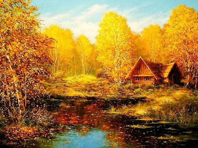 Yellow Autumn Trees & Hut - diamond-painting-bliss.myshopify.com