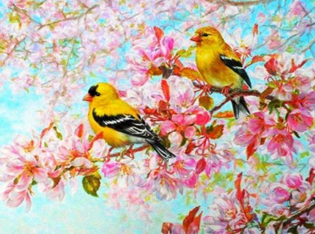 Yellow Birds & Pink Blossoms - diamond-painting-bliss.myshopify.com