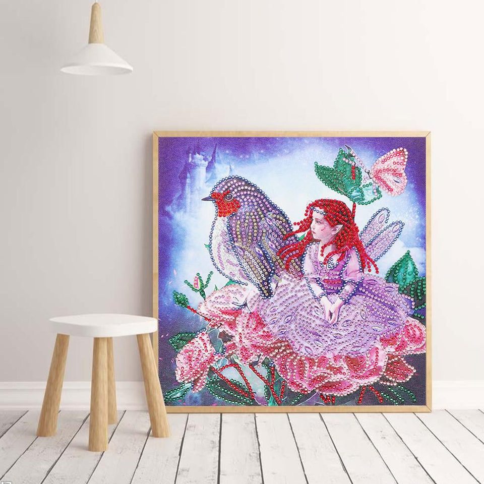 Girl And Bird On Pink Flowers