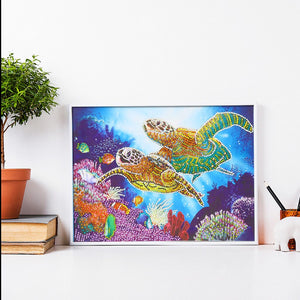 Two Turtles In Water With Fishes