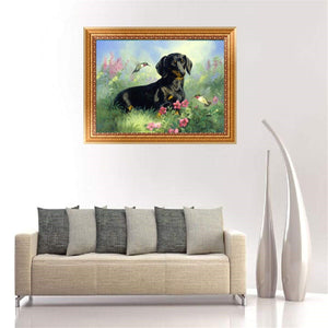 Black Dog And Flowers Painting