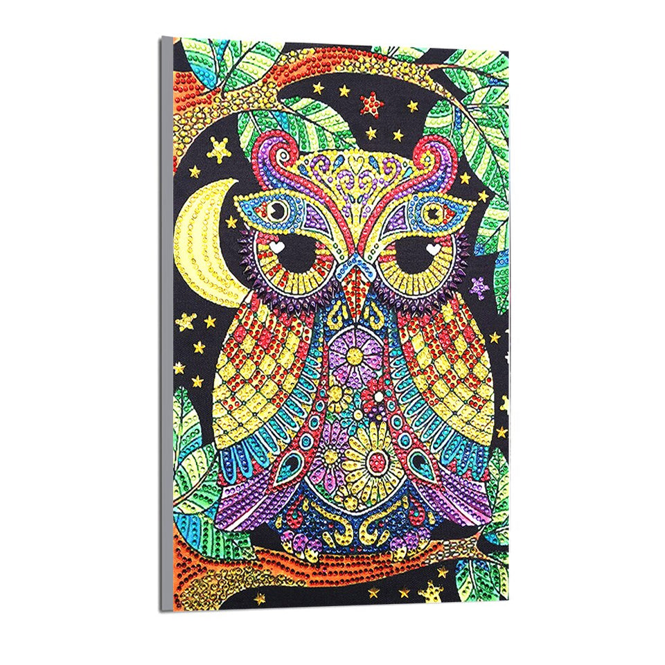 Colorful Owl On Tree With Moon And Stars