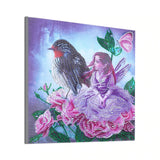 Girl And Bird On Pink Flowers