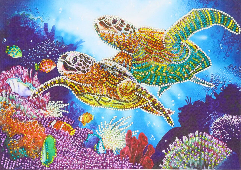 Two Turtles In Water With Fishes