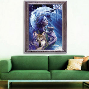 Girl In Jungle With Moon And Animals Painting