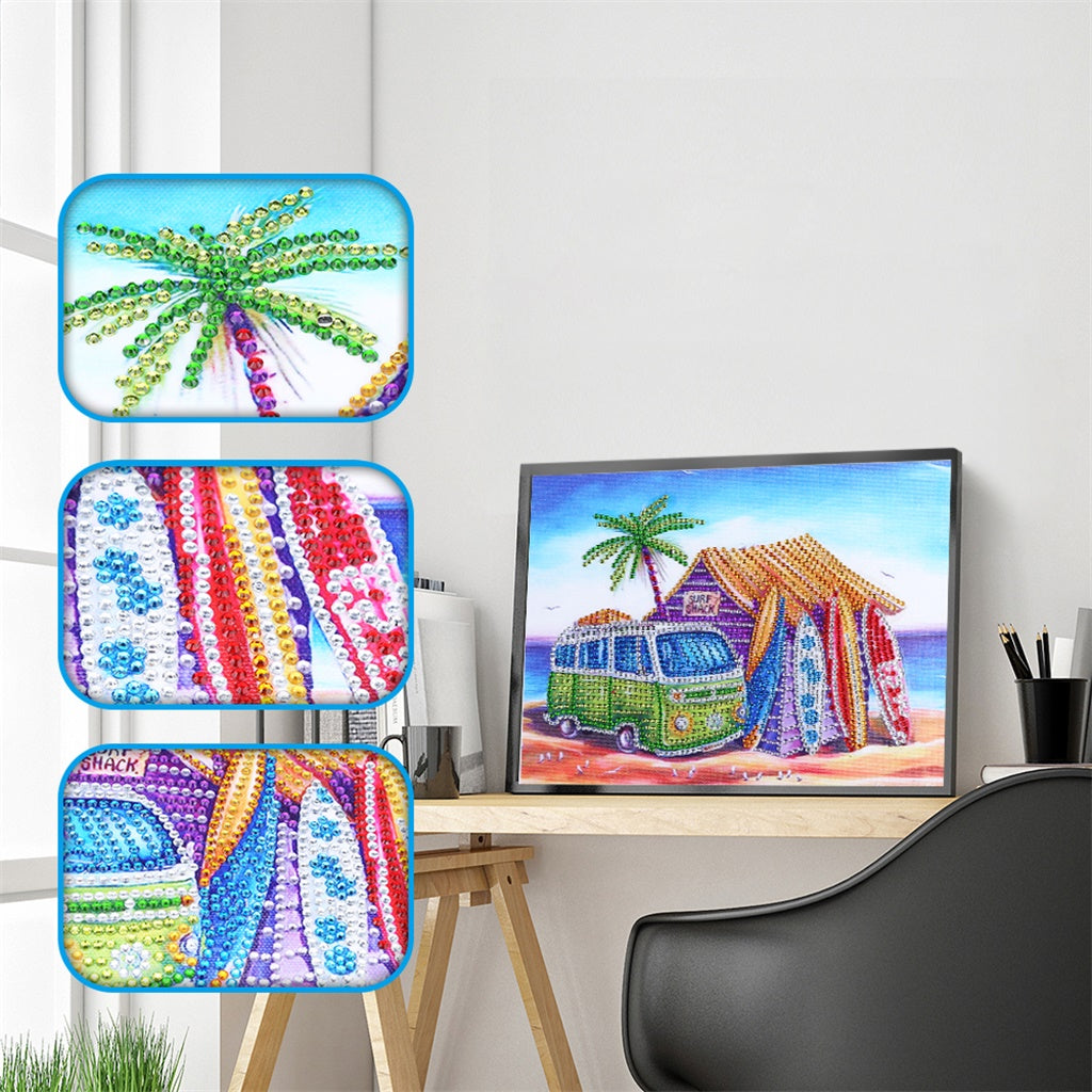 House With Colorful Van And Tree On Beach