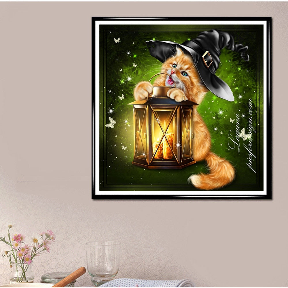 Happy Cat In Hat With Lamp