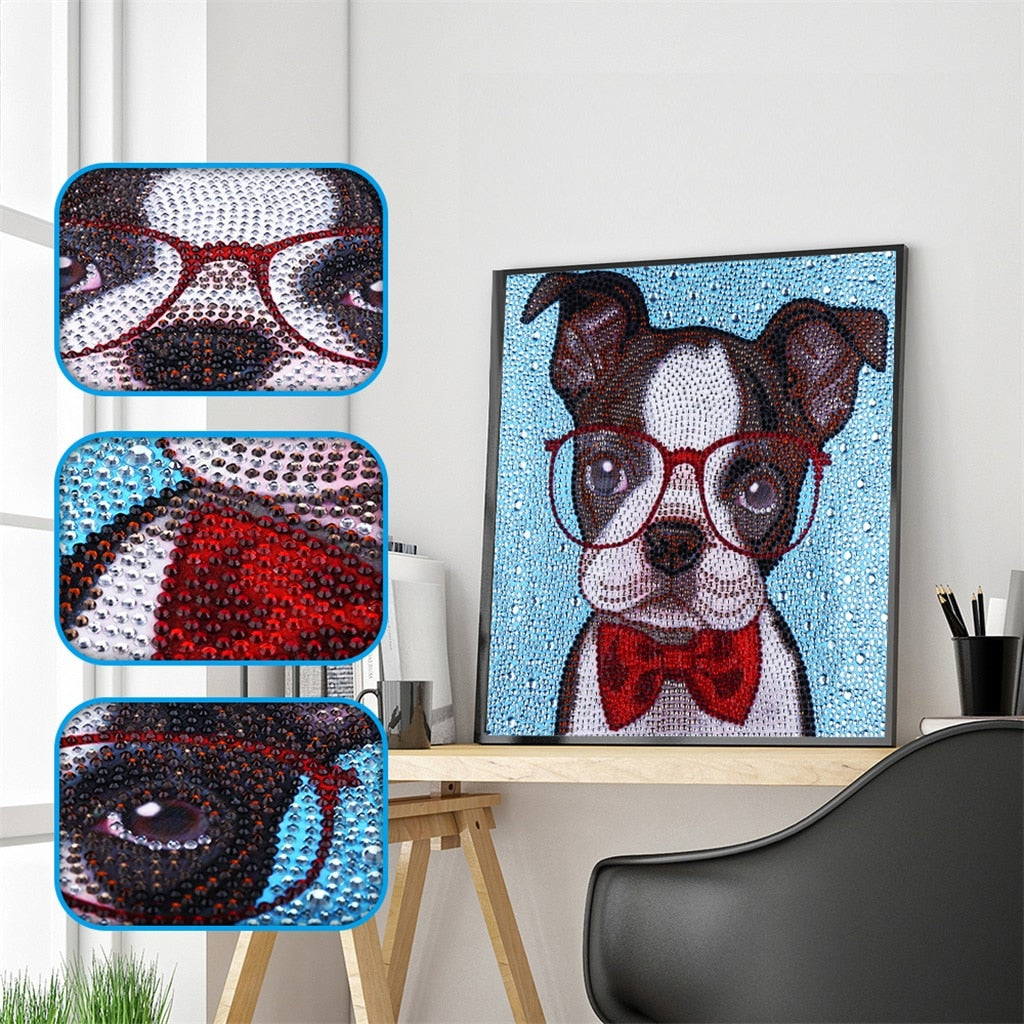 Naughty Dog With Bow And Glasses – Diamond Painting Bliss