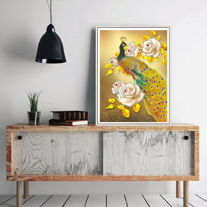 Yellow Peacock With Flowers
