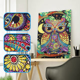 Colorful Owl On Tree With Moon And Stars