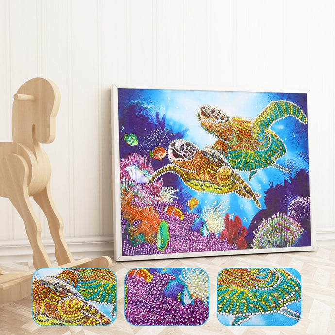 Two Turtles In Water With Fishes
